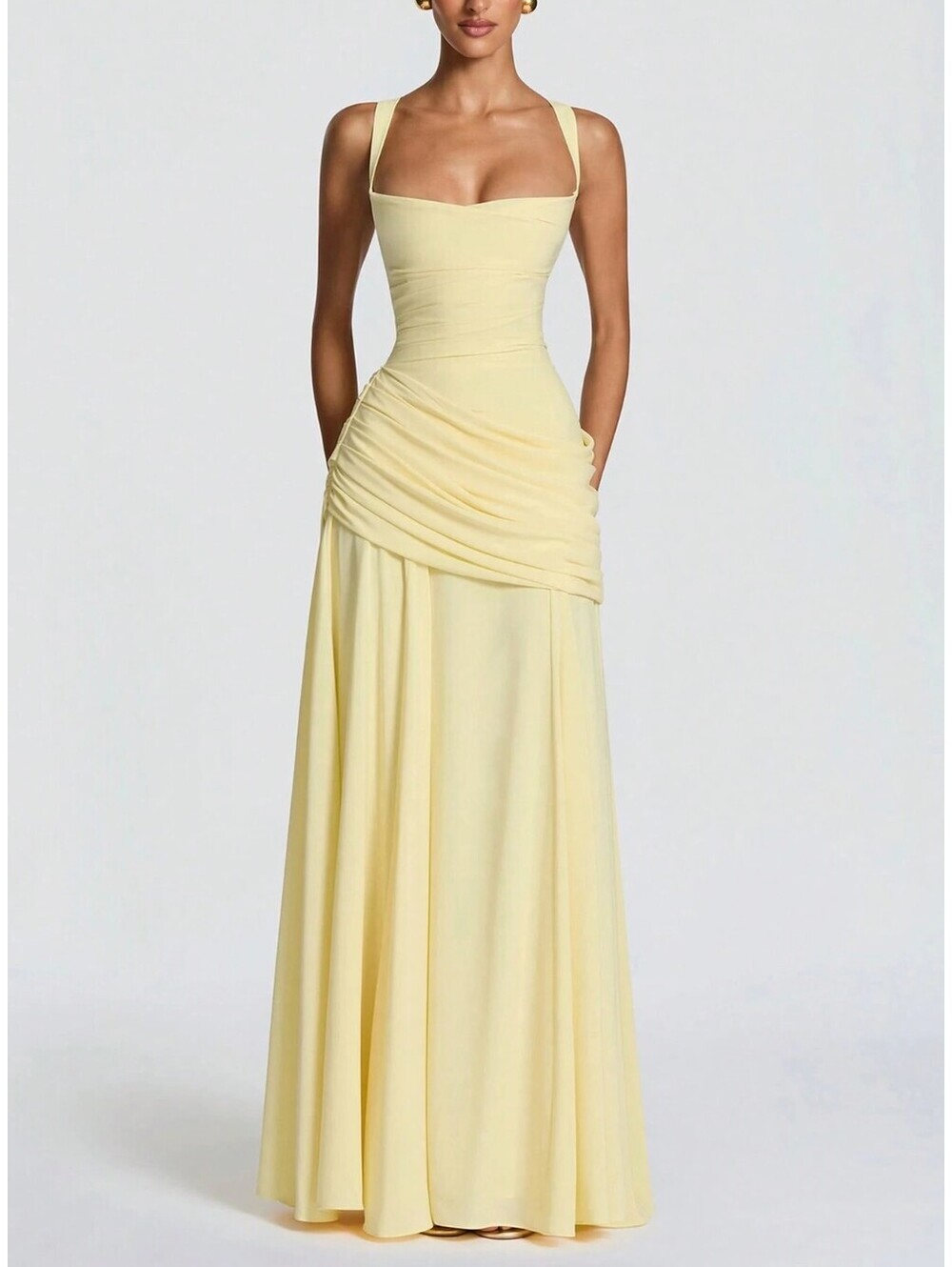 Yellow ruched mermaid drop waist maxi dress gown XL